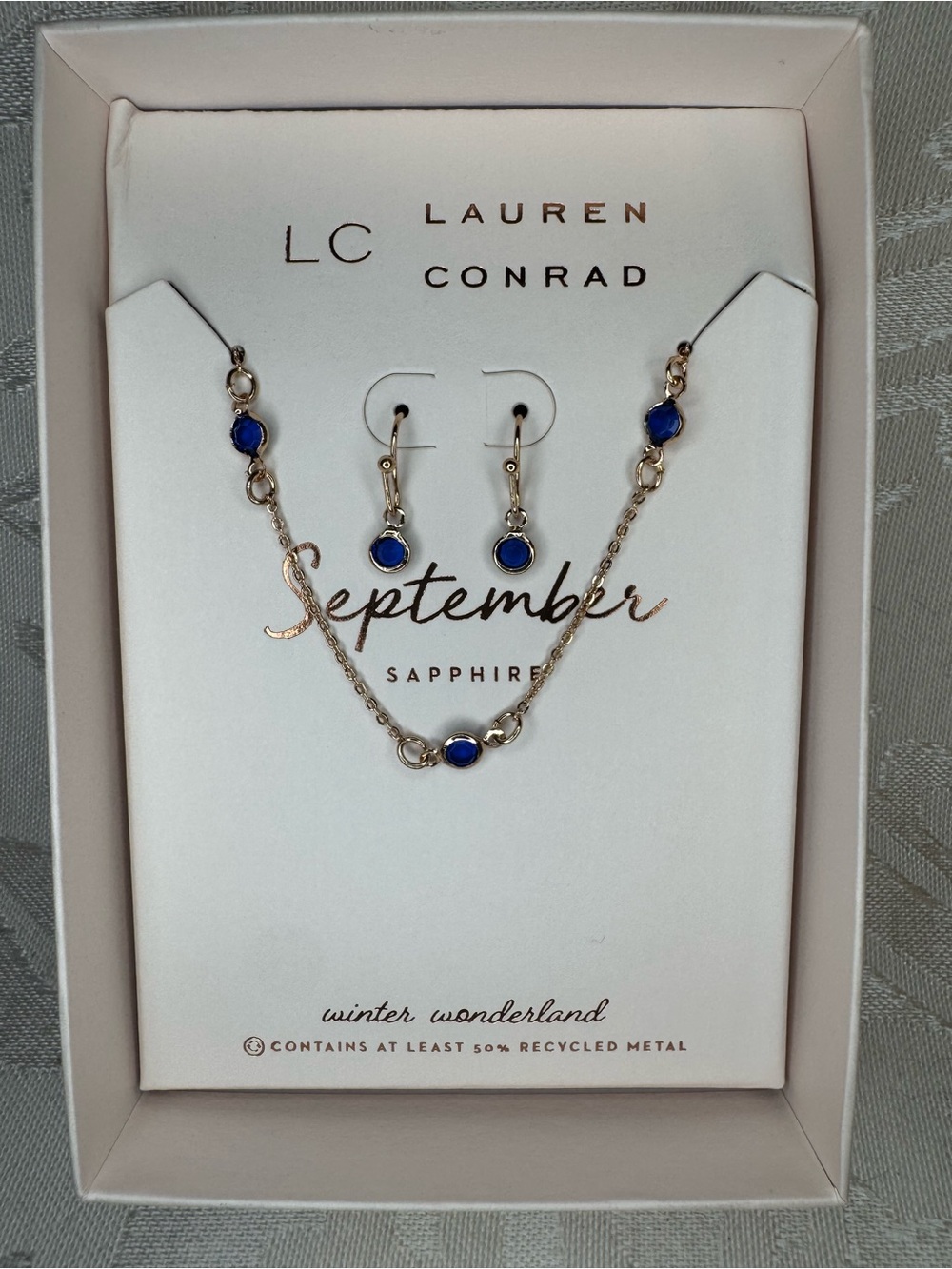 New LC Lauren Conrad Blue and Gold September Necklace & Earrings Set